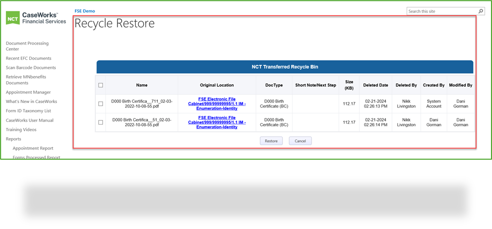 Viewing and Restoring Documents from a Transferred Case File – NCT ...
